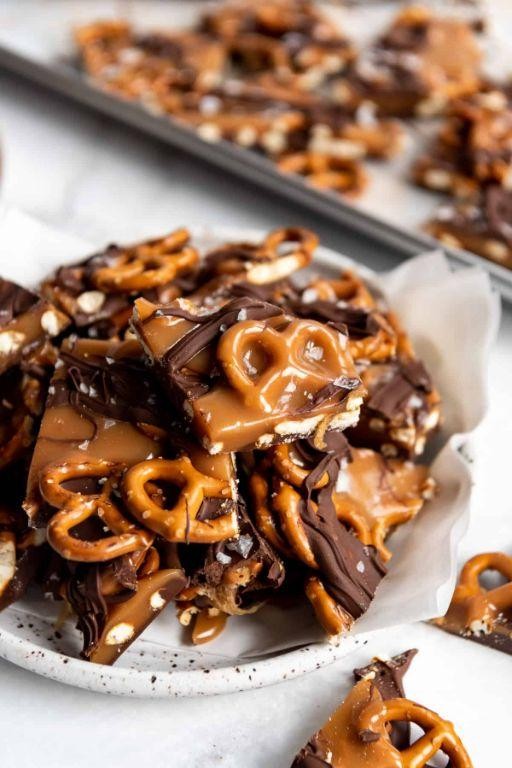 Almond Bark with Pretzels and Caramel Drizzle