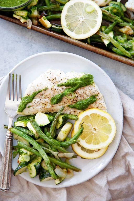 Baked Cod with Lemon and Dill over Sautéed Green Beans
