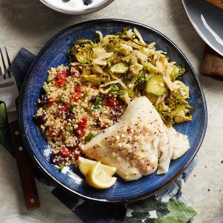 Baked Cod with Roasted Brussels Sprouts and Quinoa