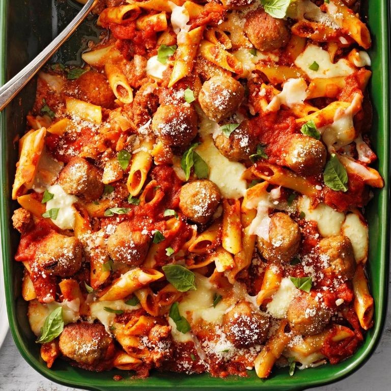 Baked Mostaccioli with Meatballs and Marinara