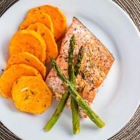 Baked Salmon with Asparagus and Sweet Potato Mash