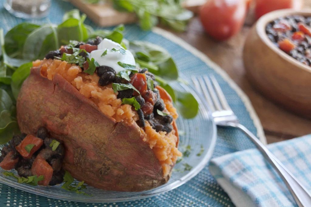 Baked Sweet Potato with Black Beans and Salsa
