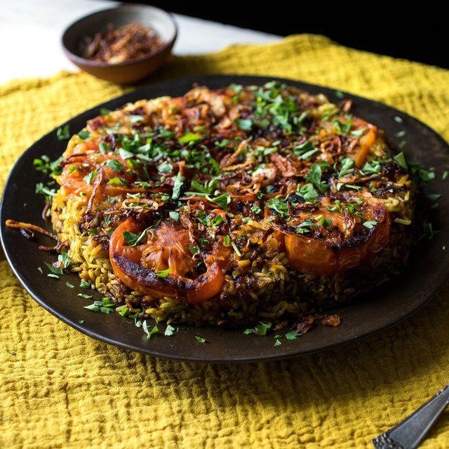 Beef and Chickpea Maqluba with Tahini Drizzle