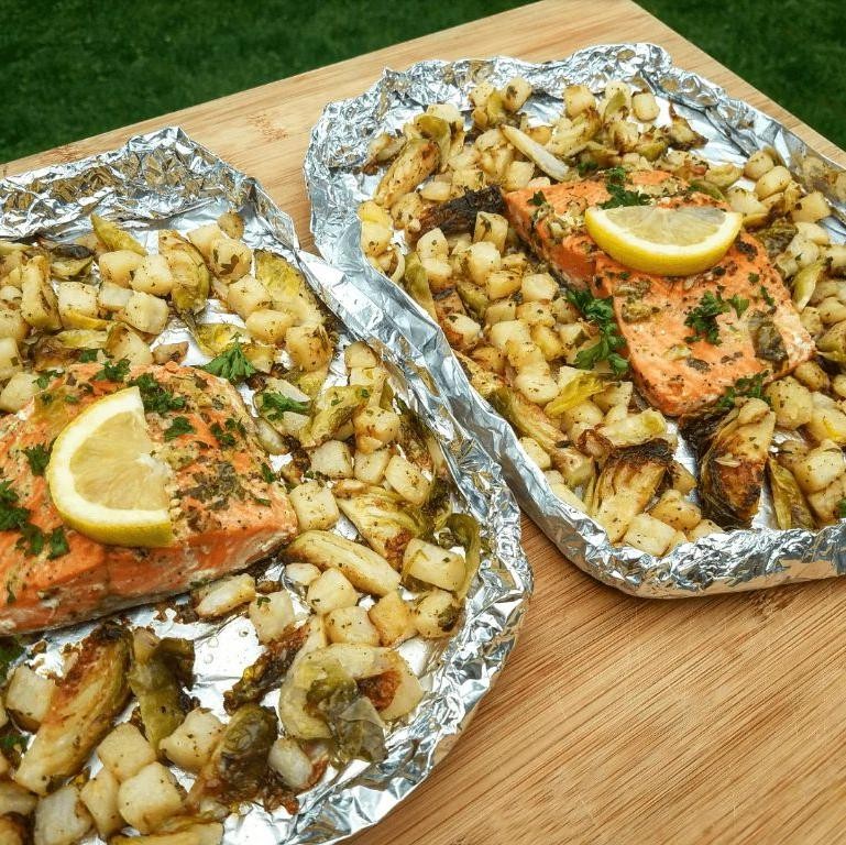 Blackstone Salmon and Brussels Sprouts Skillet