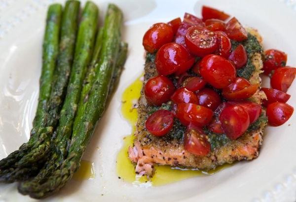 Blackstone Salmon with Pesto and Cherry Tomatoes