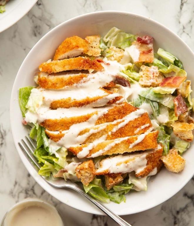 Breaded Cod Caesar Salad with Croutons
