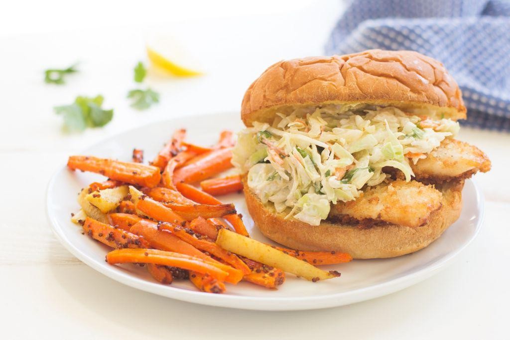 Breaded Cod Sandwiches with Coleslaw