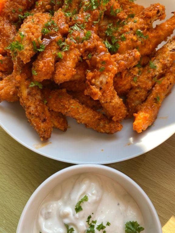 Buffalo Chicken Fried Chicken with Blue Cheese Dip