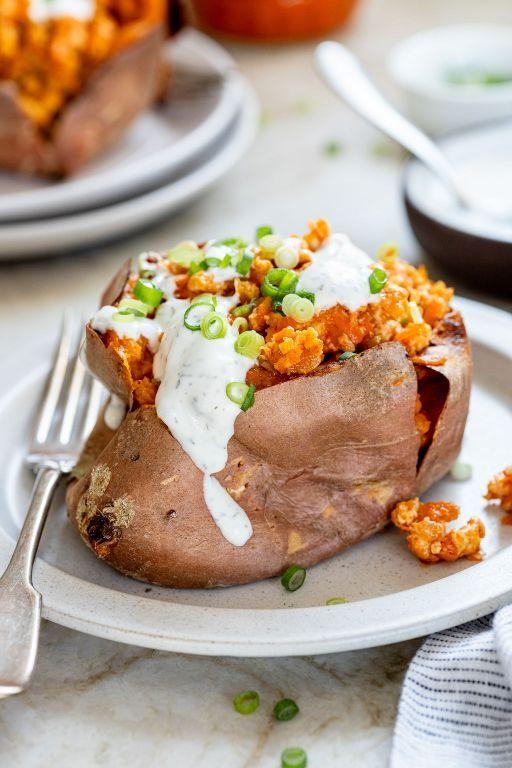 Buffalo Chicken and Brown Rice Stuffed Sweet Potatoes