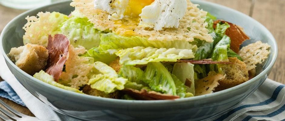 Caesar Salad with Crispy Prosciutto and Poached Egg