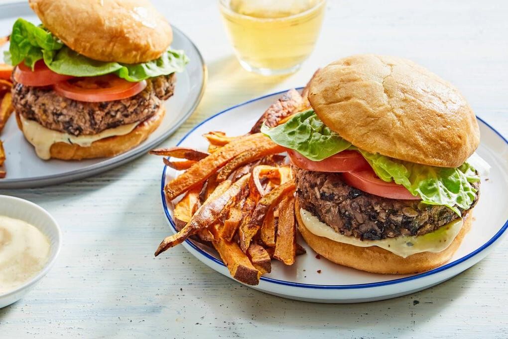 California-Style Veggie Burger with Sweet Potato Fries