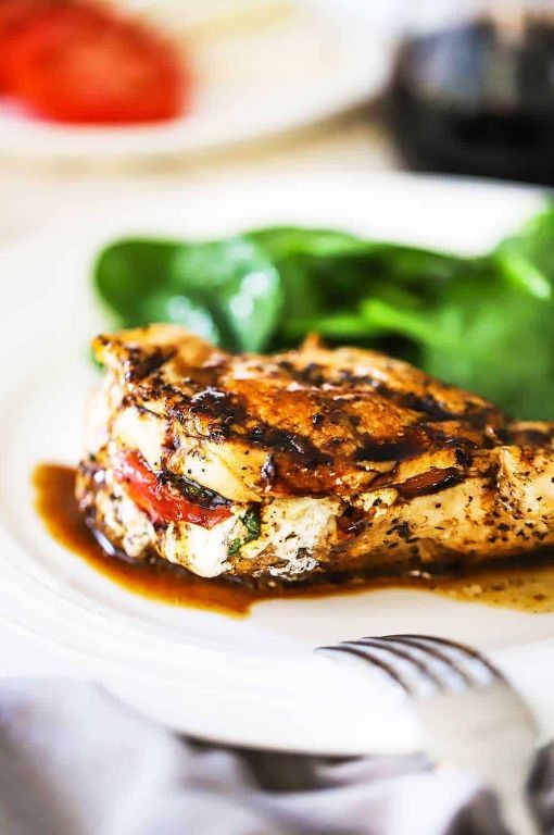 Caprese Stuffed Chicken with Balsamic Glaze and Roasted Potatoes