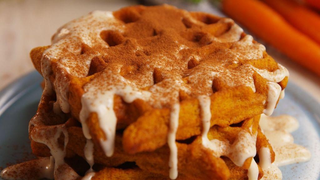 Carrot Cake Belgian Waffles with Cream Cheese Drizzle