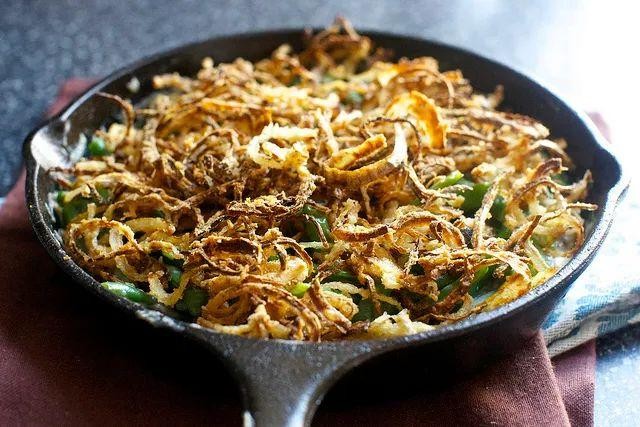 Cheesy Green Bean Bake with Crispy Onions