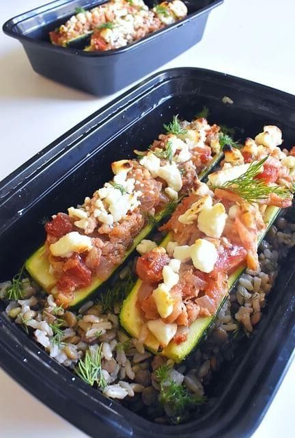 Chicken and Brown Rice Stuffed Zucchini Boats