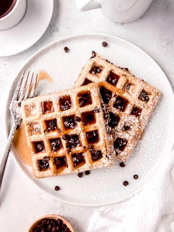 Chocolate Chip Belgian Waffles with Maple Syrup