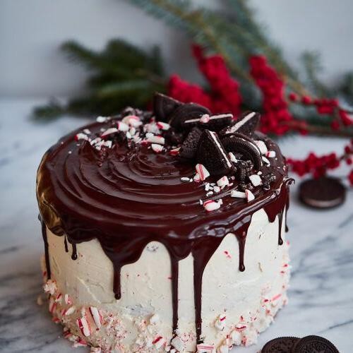 Chocolate Mint Drip Cake with Candy Cane Topping