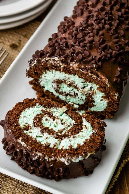 Chocolate Mint Swiss Roll with Whipped Cream Filling