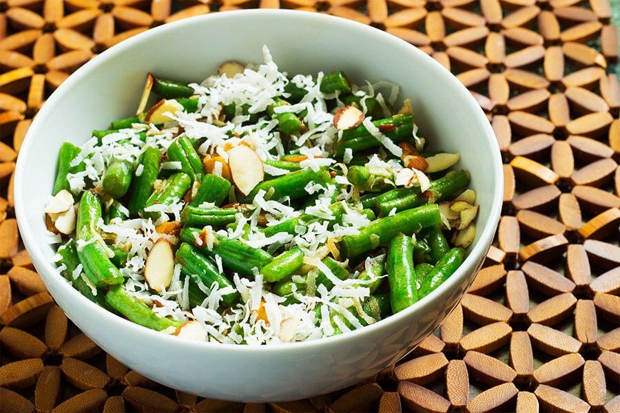 Coconut Curry Green Beans with Almond Garnish