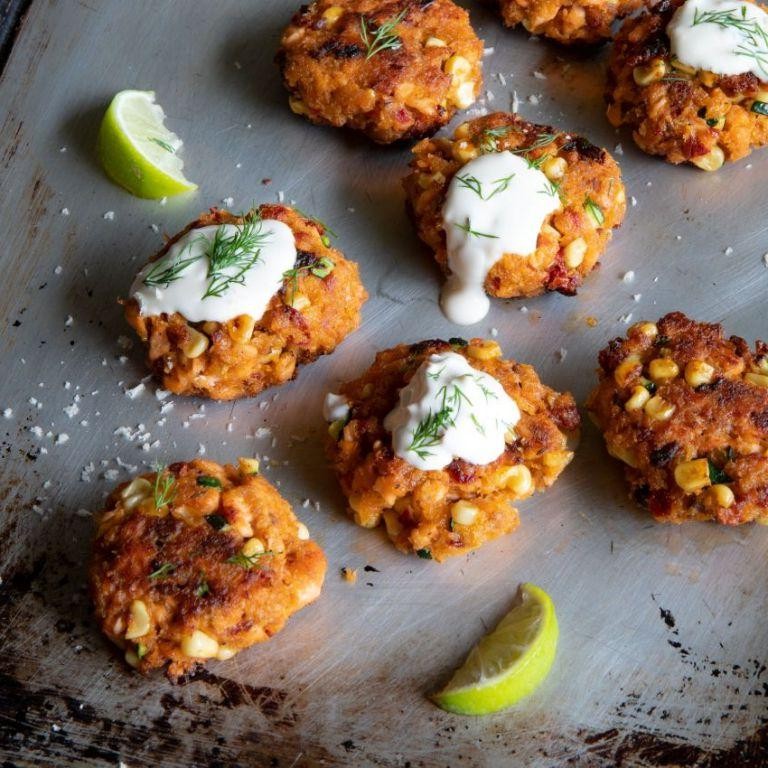 Corn and Salmon Cakes with Lime Crema