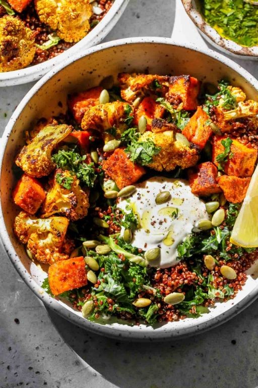 Curry Roasted Sweet Potato Power Bowl with Spinach