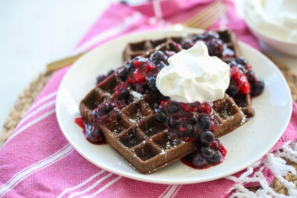 Double Chocolate Belgian Waffles with Raspberry Sauce