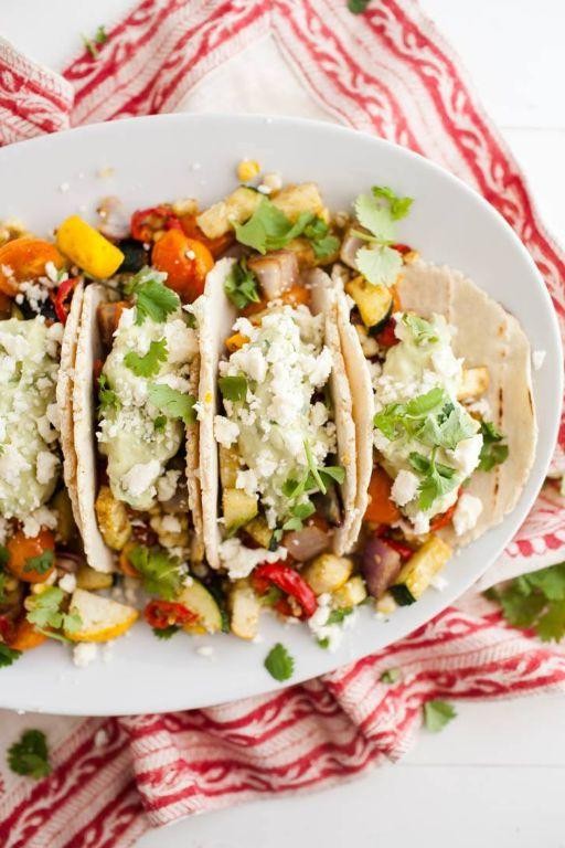 Eggplant and Zucchini Tacos with Avocado Crema
