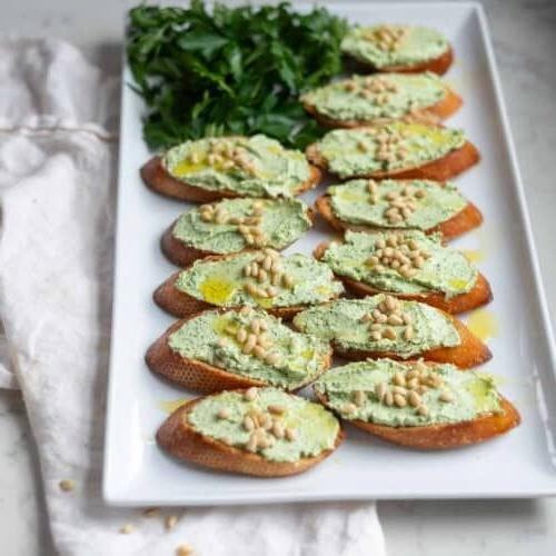 Farmers Cheese and Herb Spread on Crostini