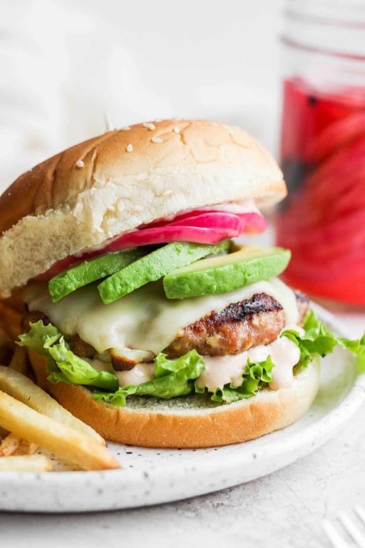French Fried Onion and Avocado Turkey Burgers