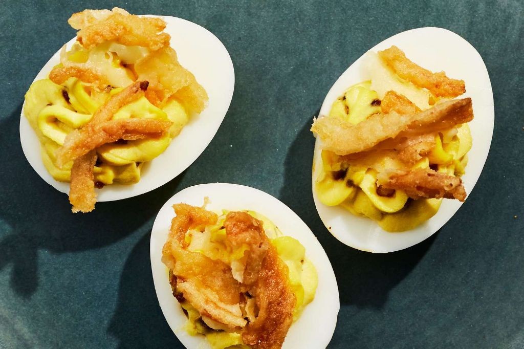 French Fried Onion and Bacon Deviled Eggs
