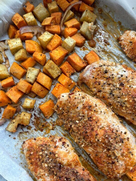 Frozen Chicken Breast and Sweet Potato Sheet Pan Dinner