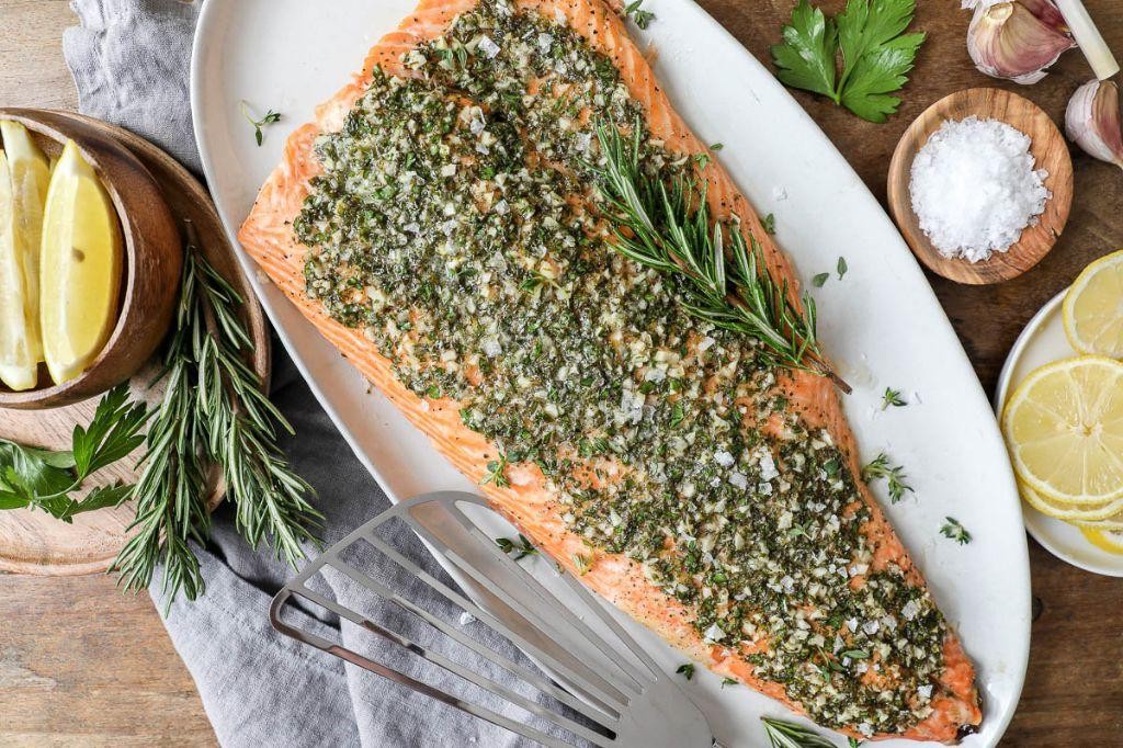 Garlic Butter Baked Salmon with Winter Herbs