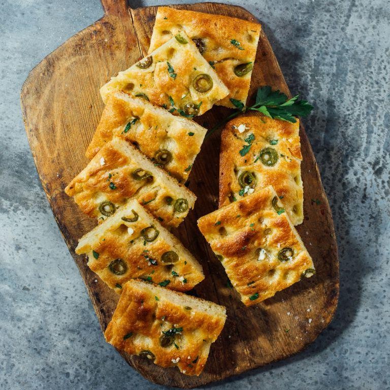 Garlic and olive focaccia bread
