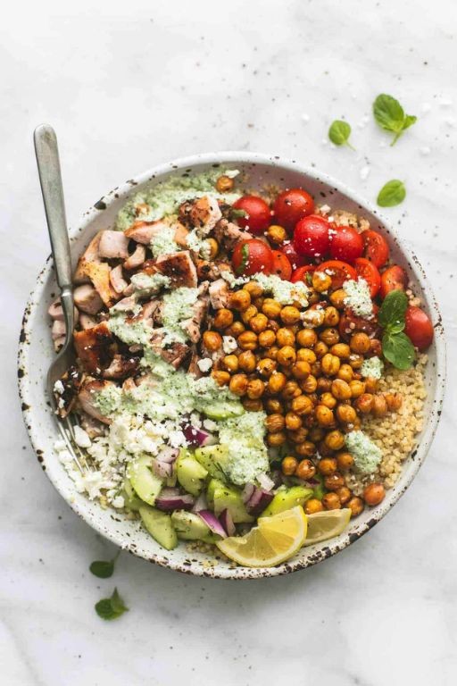 Greek Yogurt Chicken Power Bowl with Cucumber and Olives