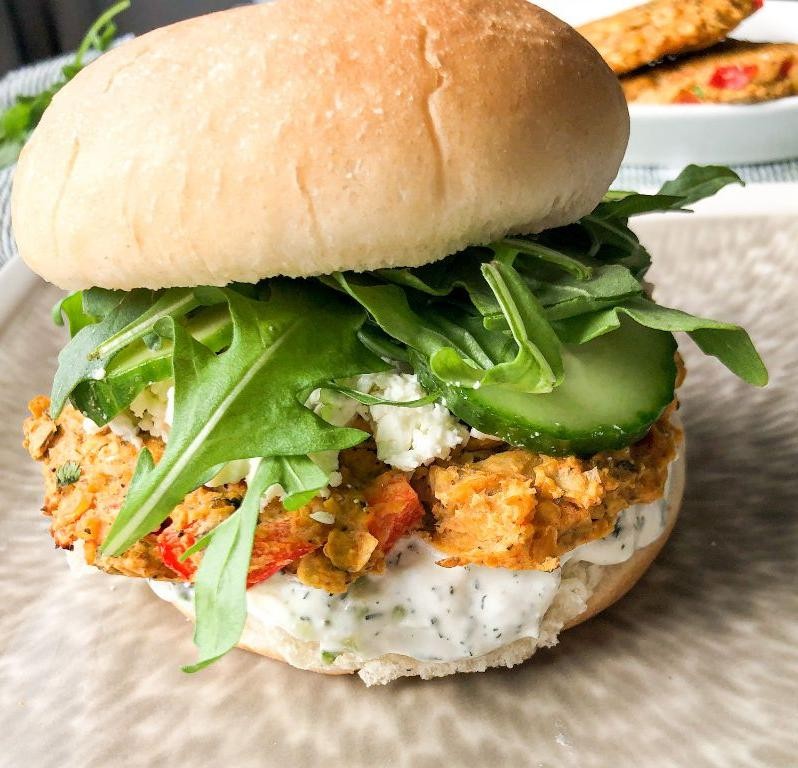 Greek-Style Chickpea Burgers with Tzatziki