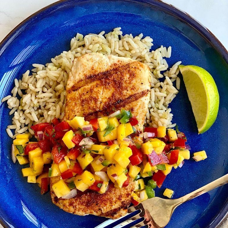 Grilled Mahi-Mahi with Mango Salsa and Steamed Asparagus
