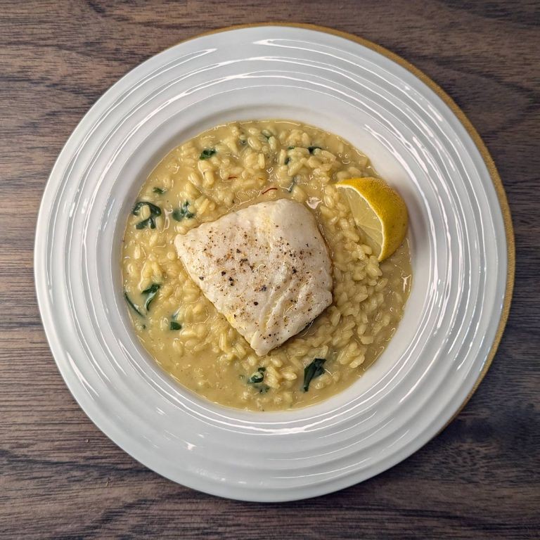 Halibut Risotto with Saffron and Peas
