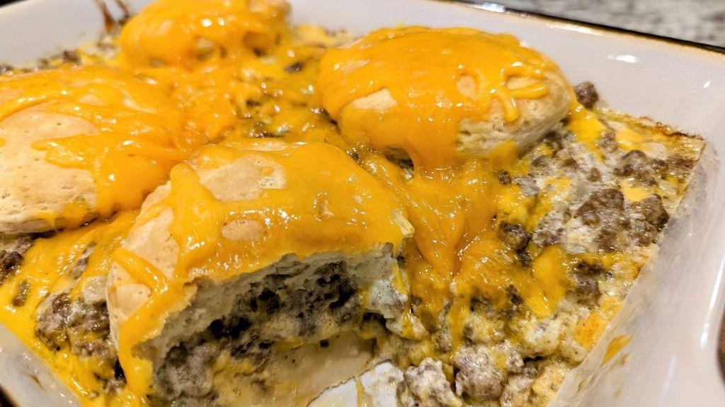 Hamburger Breakfast Casserole with Biscuit Topping