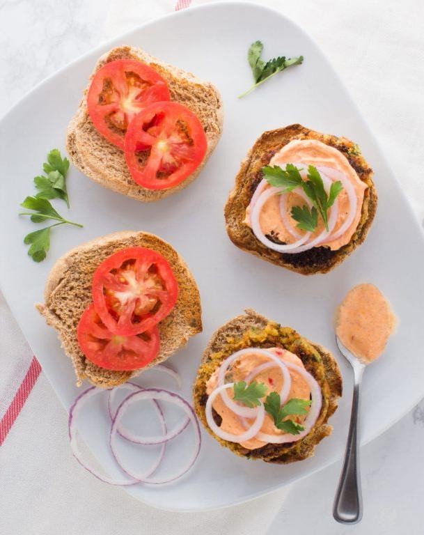 Harissa Chickpea Burgers with Mint Yogurt Sauce