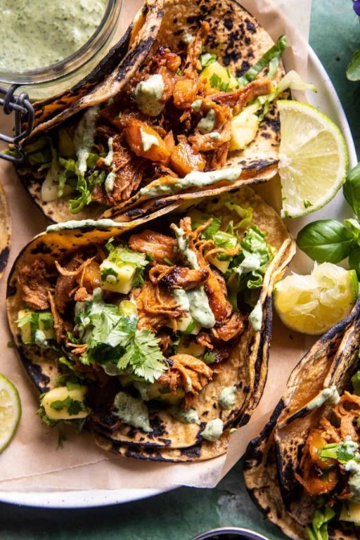 Hawaiian BBQ Chicken Tacos with Jalapeño Lime Crema