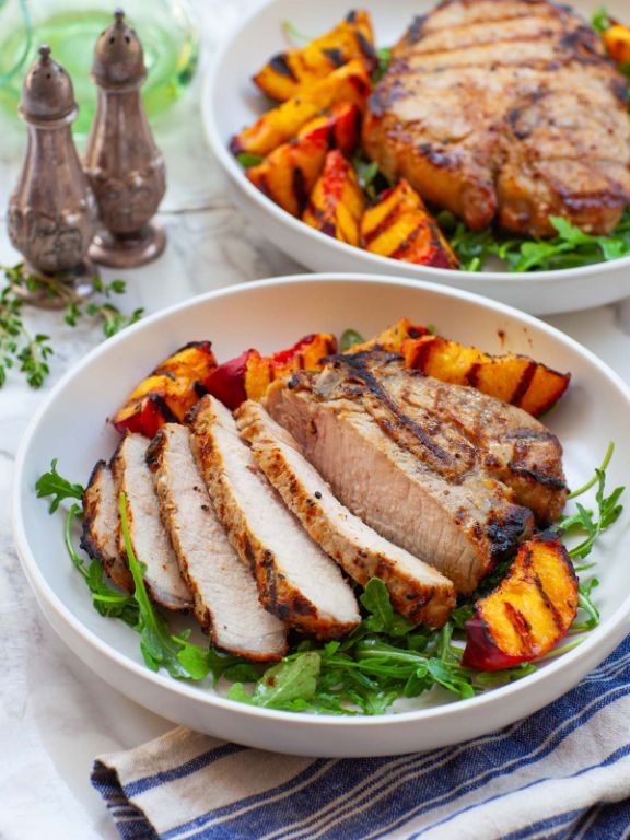 Hawaiian BBQ Pork Chops with Grilled Peaches