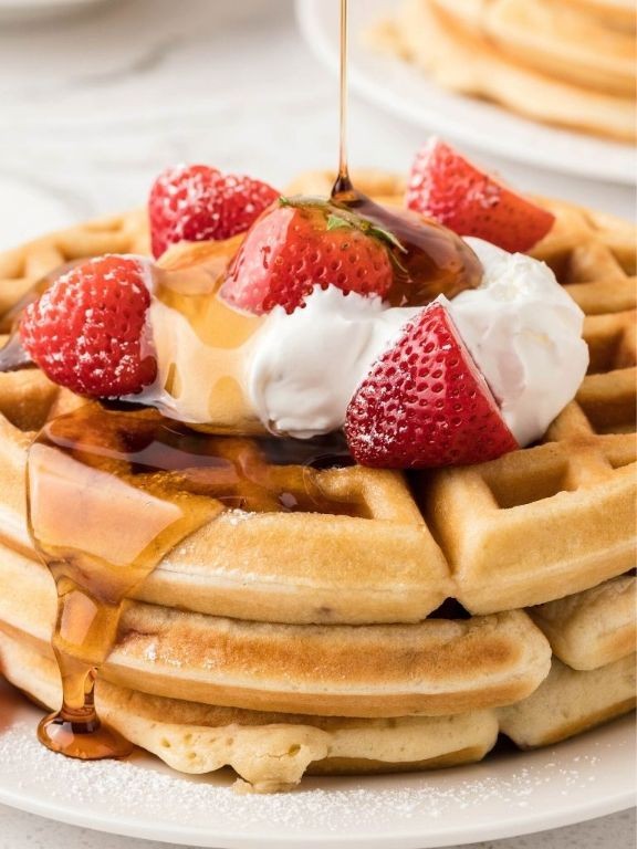Homemade Waffles with Whipped Cream and Strawberries
