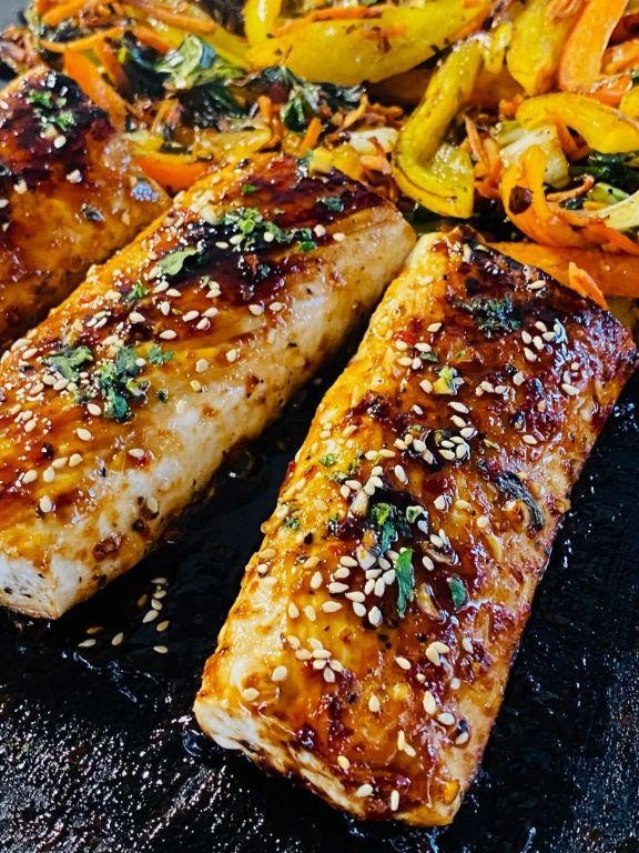 Honey Sriracha Glazed Blackstone Salmon