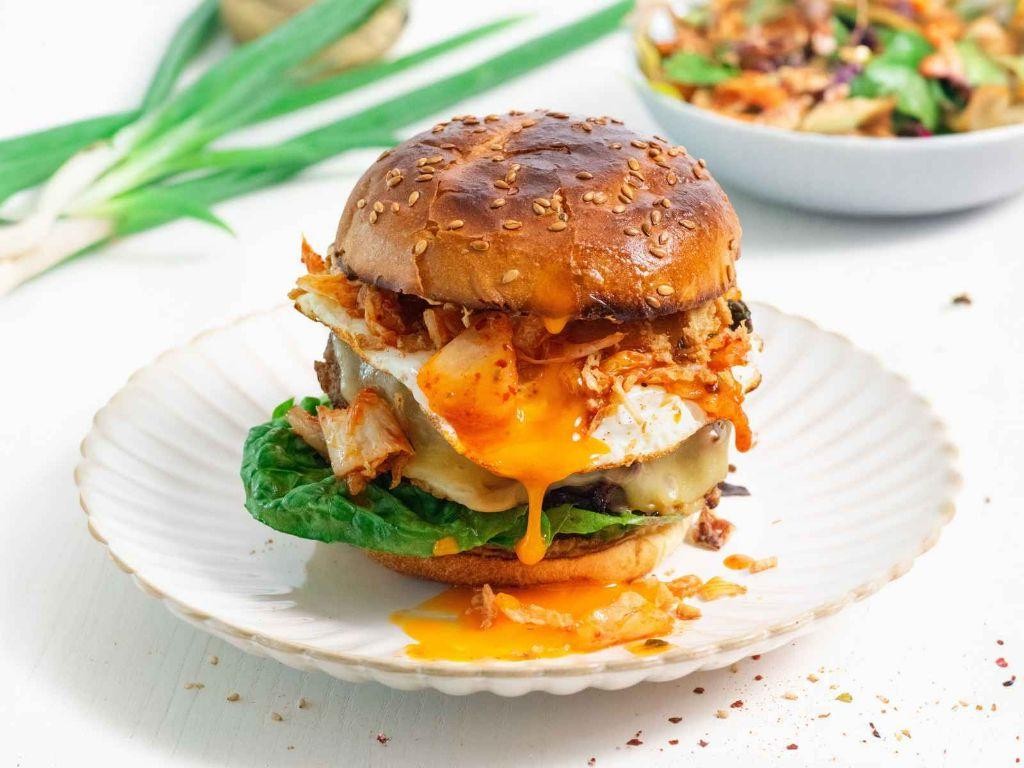 Kimchi Chickpea Burgers with Sriracha Mayo