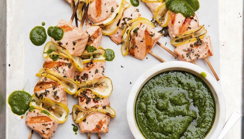 Lemon Basil Grilled Salmon Skewers