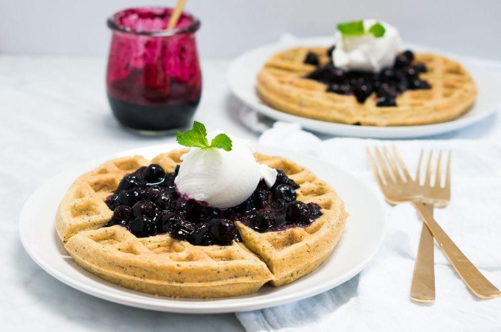 Lemon Poppy Seed Belgian Waffles with Blueberry Compote