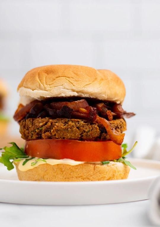 Lentil Chickpea Burgers with Caramelized Onions
