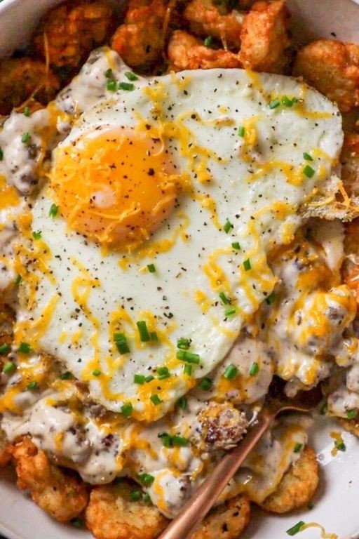 Loaded Tater Tot Hash Browns with Sausage and Eggs