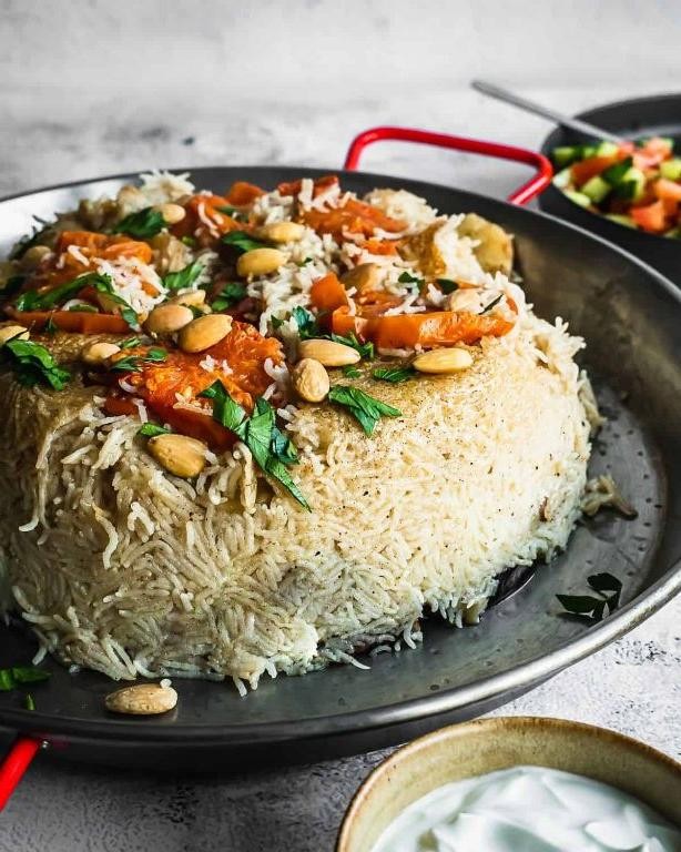 Maqluba with Fried Tomatoes and Garlic Yogurt