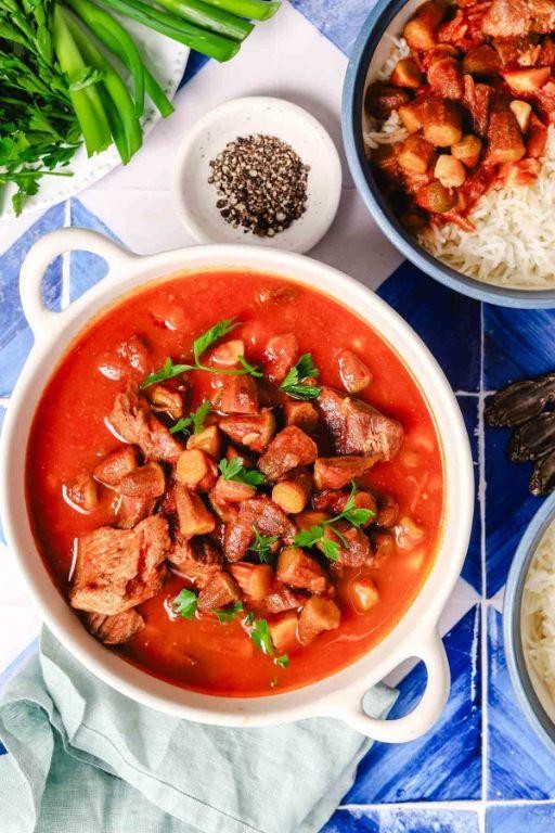Maqluba with Okra and Tomato Sauce